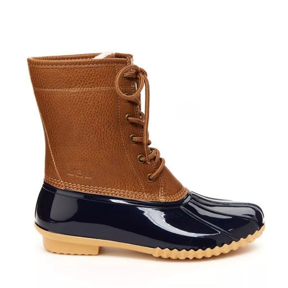 NIB JBU Water-Resistant Faux Leather Lace-Up Duck Boots Navy Blue Brown 8 - Picture 3 of 6